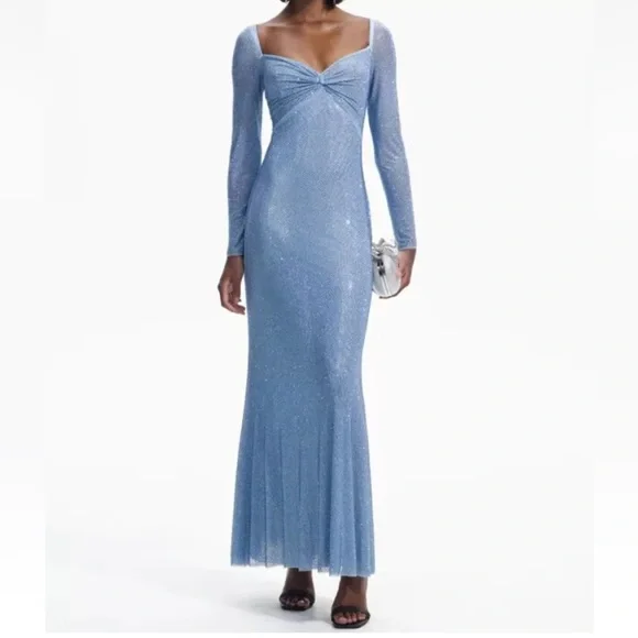Self-Portrait Iridescent Blue Crystal Rhinestone Long Sleeve Maxi Gown Size 4 - Picture 1 of 16